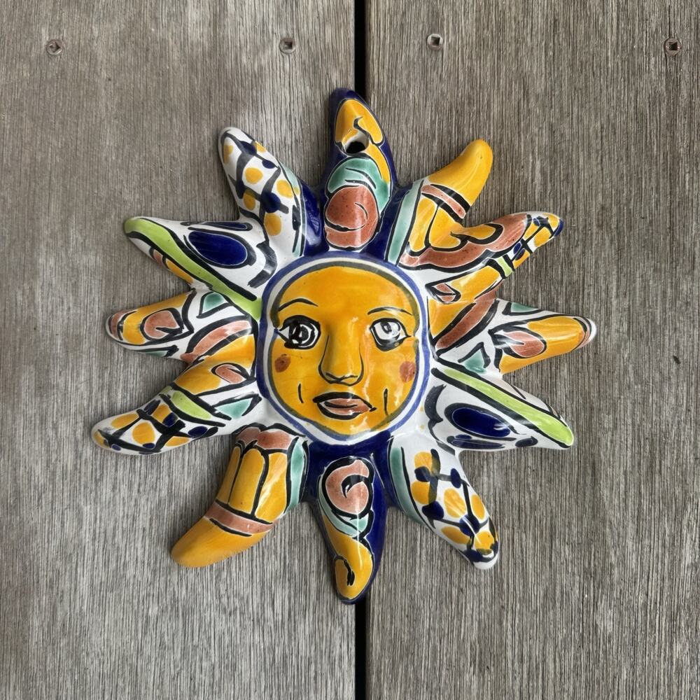 Talavera Mexican Pottery Sun Face Wall Hanging Floral Celestial Whimsigoth